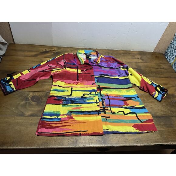 Ali Miles Top Womens M Abstract Button Up Lagenlook Artsy Colorful Linen Blend - Picture 1 of 13